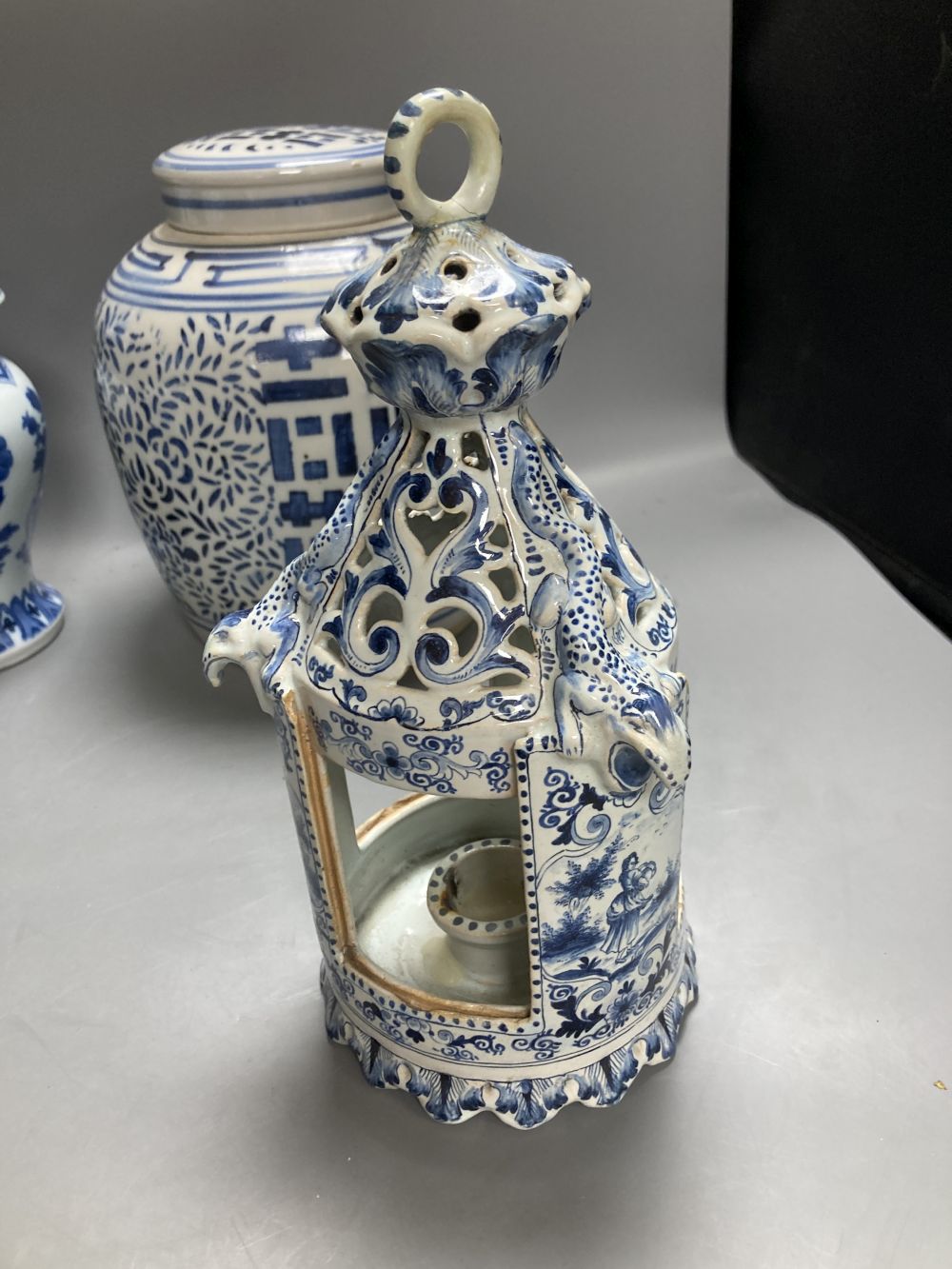 A Chinese famille rose dessert dish, 27cm, assorted Chinese blue and white porcelain and a delft ware hanging candle lantern, 26cm
